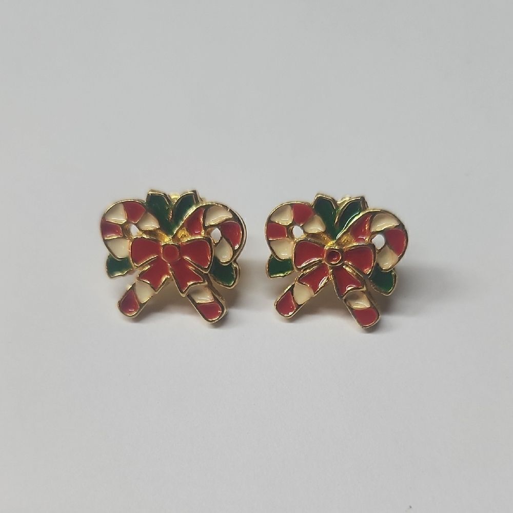 AVON Vintage Candy Cane Post Stud Pierced Christmas Gold Tone Earrings